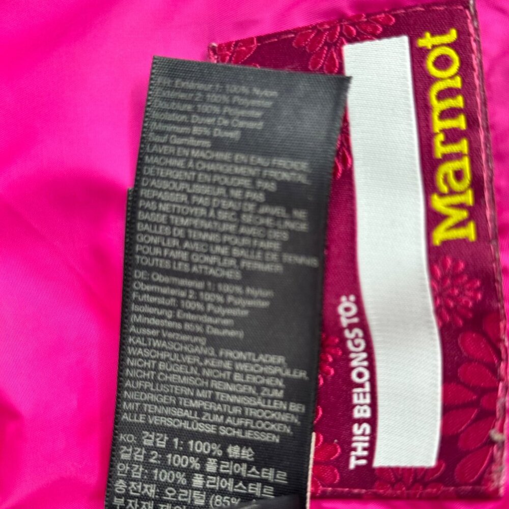 Marmot Girls Puffer Down Jacket Yellow Pink XS Warm Insulated Hooded Windproof - Picture 7 of 16